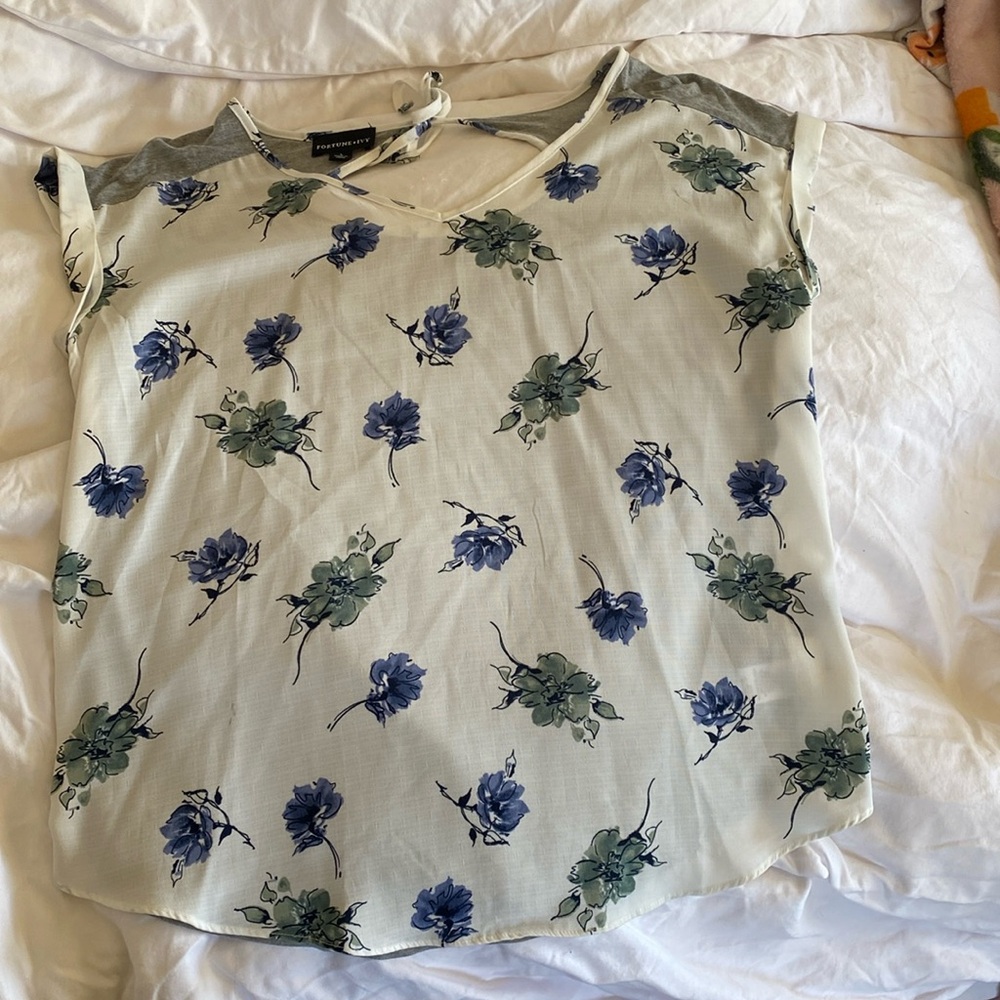 White , grey, sea foam green, navy blue blouse . Tie with hole in back!